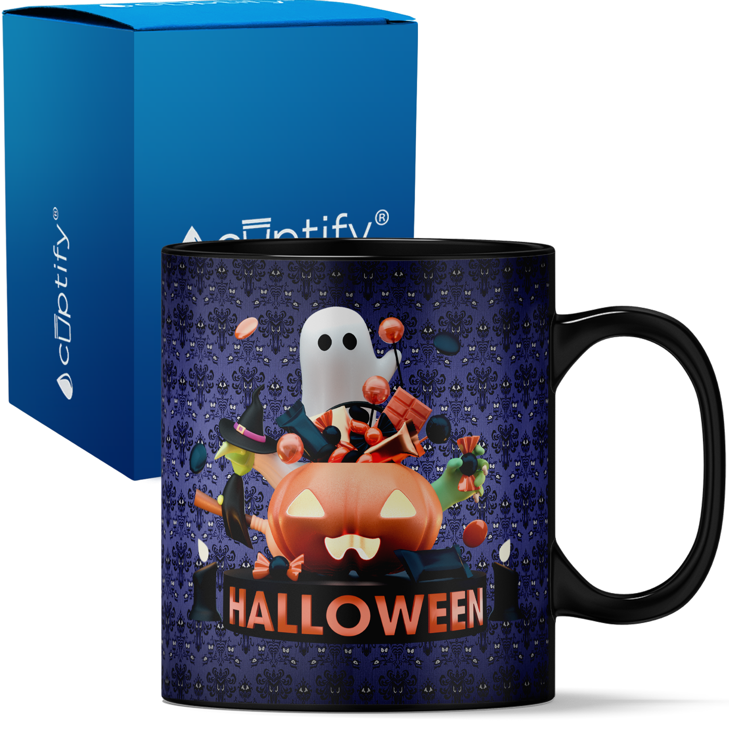 Halloween Candy Ghost on 11oz Ceramic Black Coffee Mug