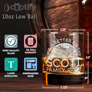Personalized Life is Better on the Family Farm on 10.25oz Whiskey Glass