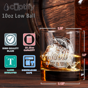 Personalized Bait and Tackle on 10.25oz Whiskey Glass