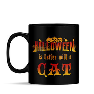 Personalized Halloween is Better with a Cat Witch with Broom on 11oz Ceramic Black Coffee Mug