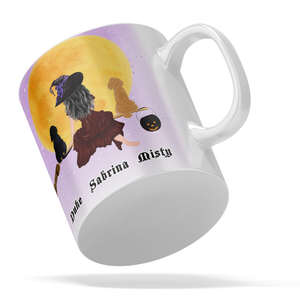 Personalized Flying Witches with Dog on 11oz Ceramic White Coffee Mug