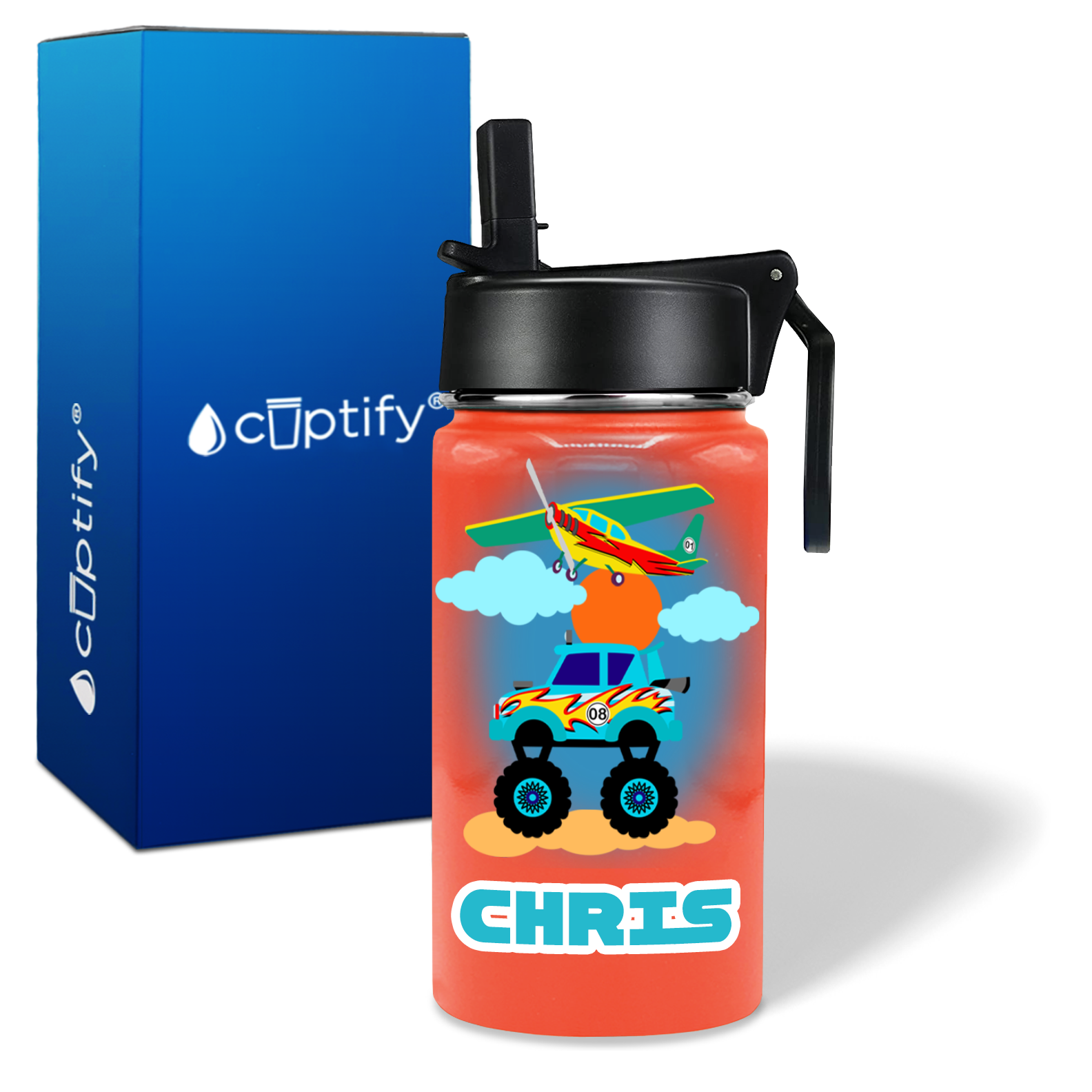 Blue Monster Truck and Airplane 12oz Personalized Kids Water Bottle