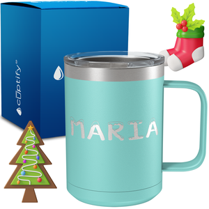 Personalized Snowy Christmas Font on 15oz Stainless Coffee Mug