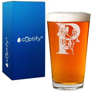 Monogram Blooming Floral Initial Letter 16oz Beer Pint Glass