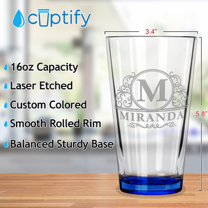 Personalized Elaborate Circle Etched 16oz Blue Bottom Beer Pint Glass