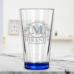 Personalized Elaborate Circle Etched 16oz Blue Bottom Beer Pint Glass