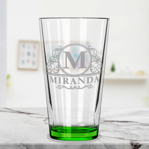 Personalized Elaborate Circle Etched 16oz Green Bottom Beer Pint Glass