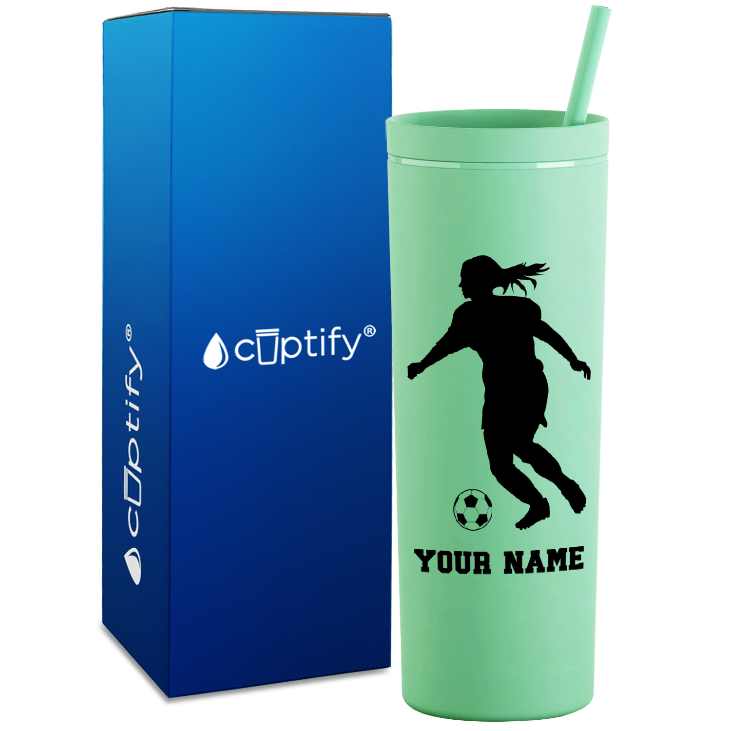 Personalized Soccer Player Female Silhouette on 18oz Acrylic Skinny Tumbler