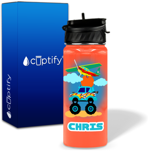 Blue Monster Truck and Airplane 18oz Personalized Kids Water Bottle
