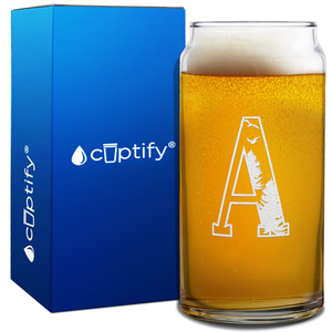 Monogram Forest Initial Letter on 20oz Beer Can Glass