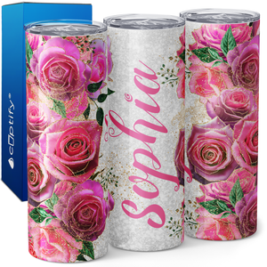 Personalized Rose Gold Reverie Blushing Pink Roses 20oz Skinny Tumbler