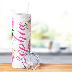 Personalized Rose Gold Reverie Blushing Pink Roses 20oz Skinny Tumbler