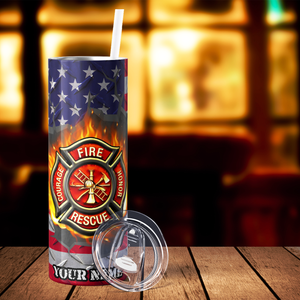Personalized Firefighter Badges on American Flag 20oz Skinny Tumbler