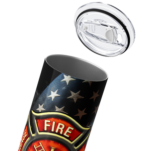 Personalized Firefighter Badge Waving American Flag 20oz Skinny Tumbler