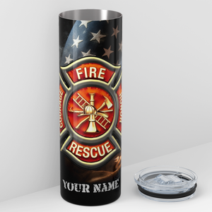 Personalized Firefighter Badge Waving American Flag 20oz Skinny Tumbler