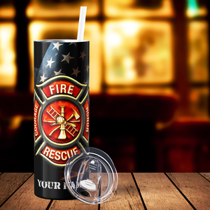 Personalized Firefighter Badge Waving American Flag 20oz Skinny Tumbler