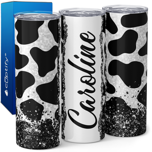 Personalized Cow Print Black and White Glitter 20oz Skinny Tumbler