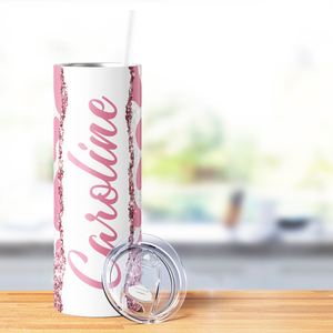 Personalized Cow Print Pink and White Glitter 20oz Skinny Tumbler
