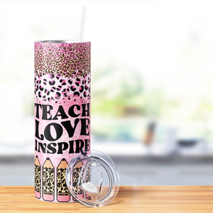 Teach Love Inspire Pink Glitter Leopard Print 20oz Skinny Tumbler