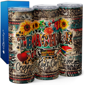 Teacher Life Crayons Kids and Caffeine 20oz Skinny Tumbler