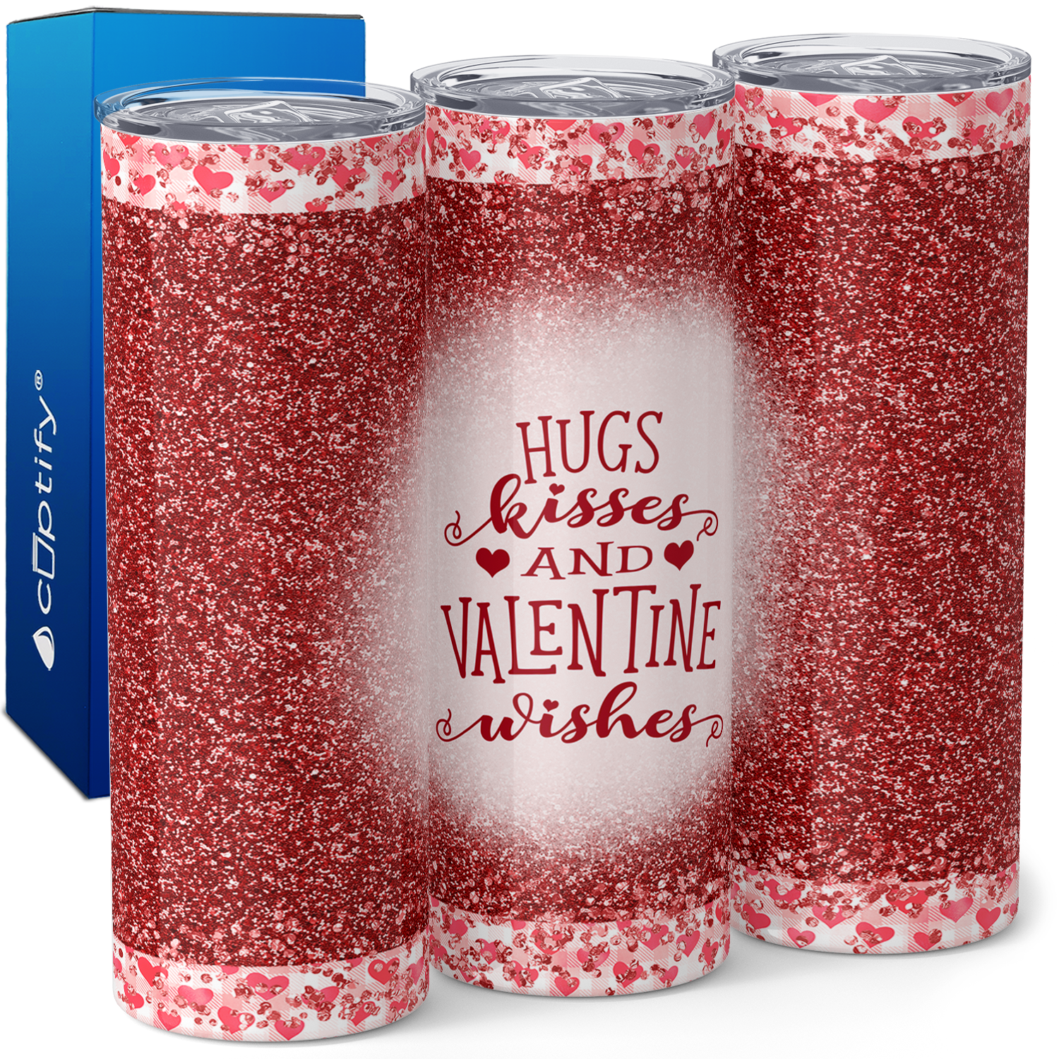 Hugs Kisses and Valentine Wishes Red Glitter 20oz Skinny Tumbler