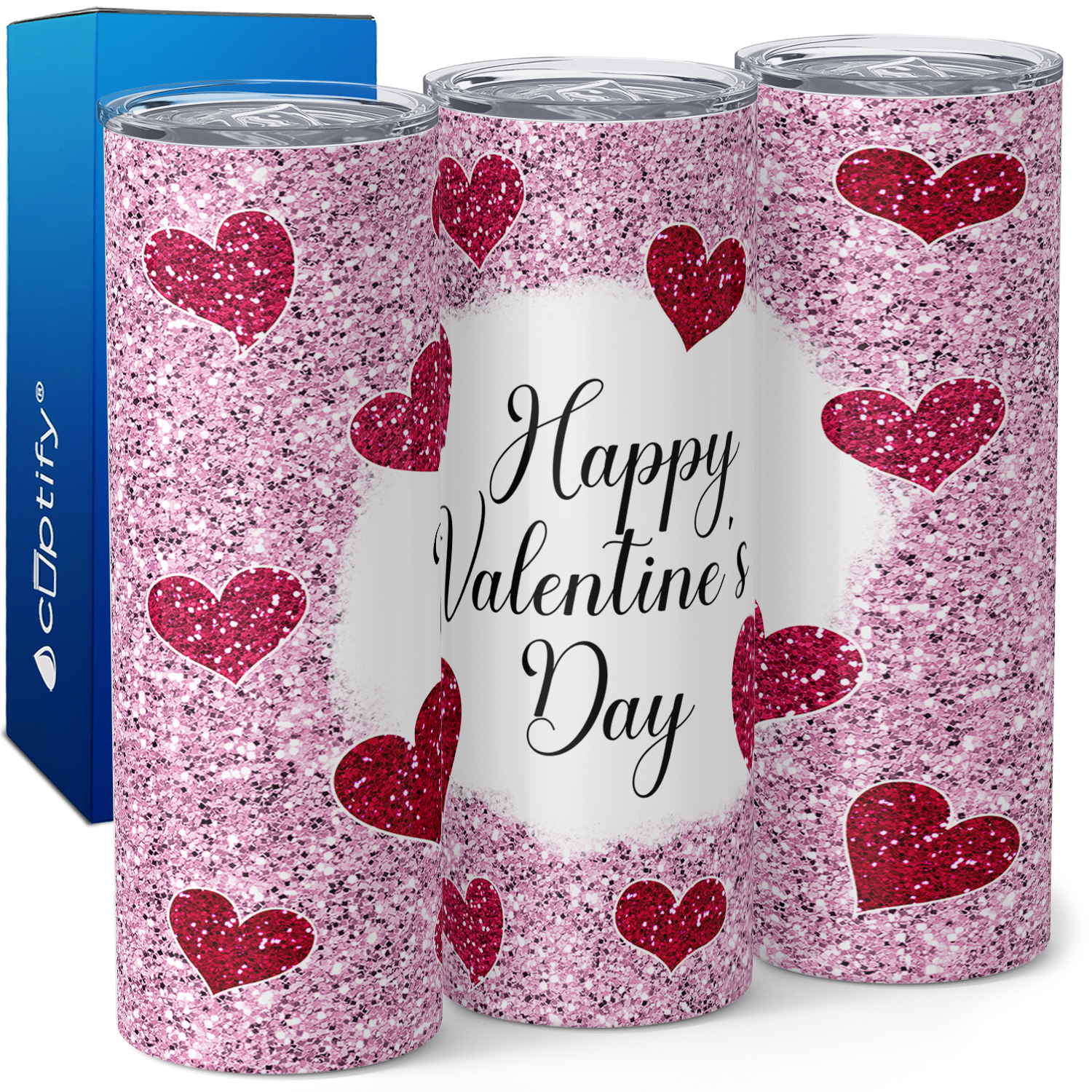 Happy Valentines Day Red Hearts and Pink Glitter 20oz Skinny Tumbler