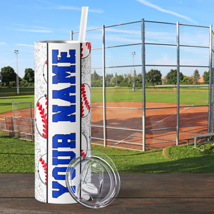 Personalized Baseballs with Red Glitter 20oz Skinny Tumbler