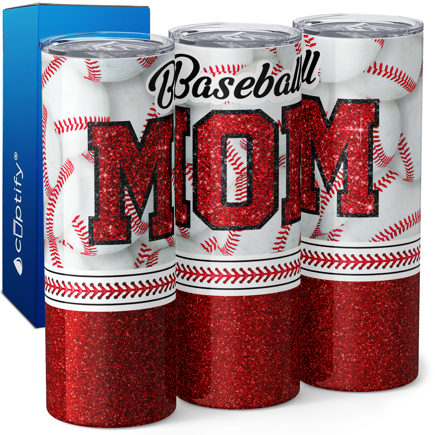 Baseball Mom Red Glitter 20oz Skinny Tumbler