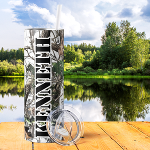 Personalized White Winter Camo Tree Pattern 20oz Skinny Tumbler