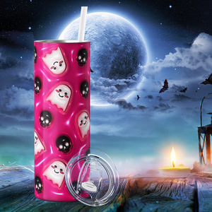 Ghosts and Black Skulls on Pink Inflated Balloon 20oz Skinny Tumbler