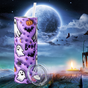 Ghosts and Pumpkins on Purple Inflated Balloon 20oz Skinny Tumbler