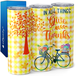 In All Things Give Thanks Bike and Pumpkins 20oz Skinny Tumbler