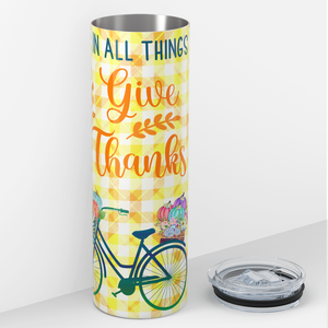 In All Things Give Thanks Bike and Pumpkins 20oz Skinny Tumbler