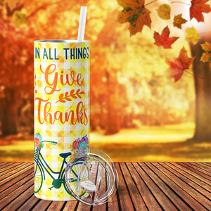 In All Things Give Thanks Bike and Pumpkins 20oz Skinny Tumbler