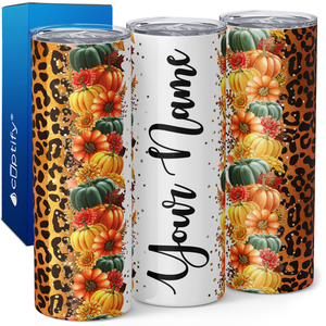 Personalized Leopard Print and Pumpkins 20oz Skinny Tumbler