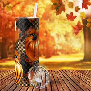 Pumpkins on Plaid Quilt 20oz Skinny Tumbler