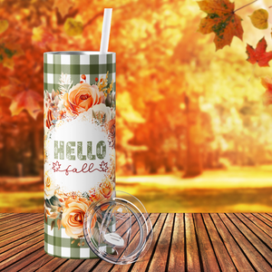 Hello Fall Flower Wreath Green 20oz Skinny Tumbler