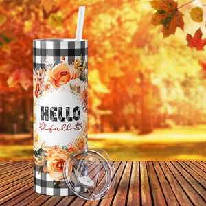 Hello Fall Flower Wreath Black 20oz Skinny Tumbler