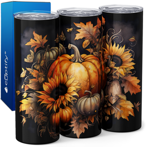 Pumpkins and Flowers on Black 20oz Skinny Tumbler