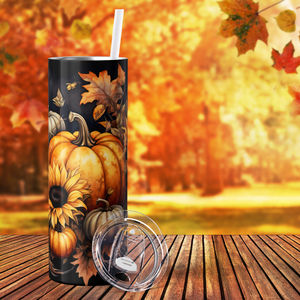 Pumpkins and Flowers on Black 20oz Skinny Tumbler
