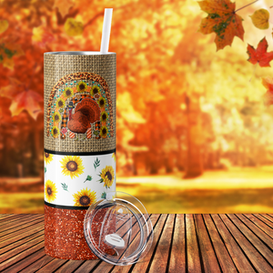 Turkey Rainbow with Sunflowers and Glitter 20oz Skinny Tumbler
