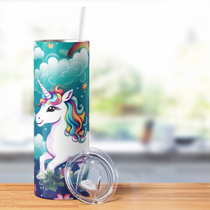 Unicorns and Rainbows on Teal 20oz Skinny Tumbler