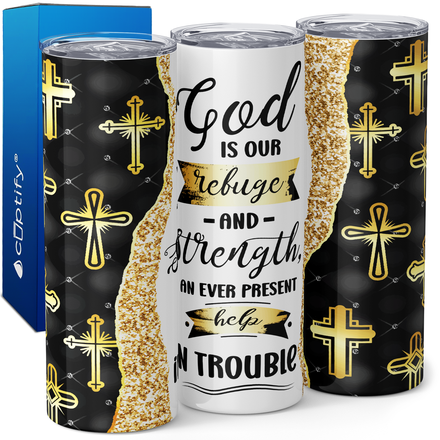 God is Our Refuge and Strength in Black and Gold 20oz Skinny Tumbler