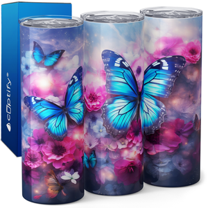 Blue Butterflies with Flowers 20oz Skinny Tumbler