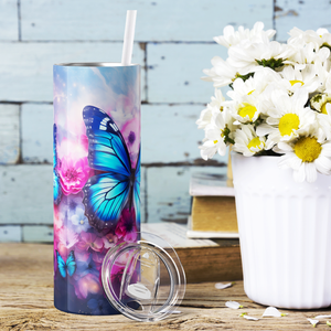 Blue Butterflies with Flowers 20oz Skinny Tumbler
