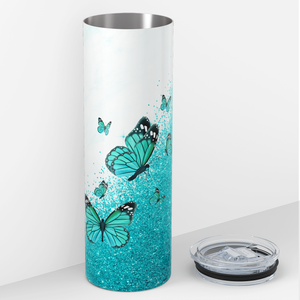 Light Blue Butterfly Glitters 20oz Skinny Tumbler