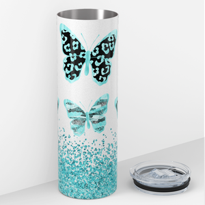Teal Butterflies with Glitters 20oz Skinny Tumbler