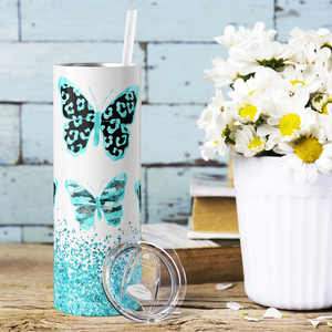Teal Butterflies with Glitters 20oz Skinny Tumbler