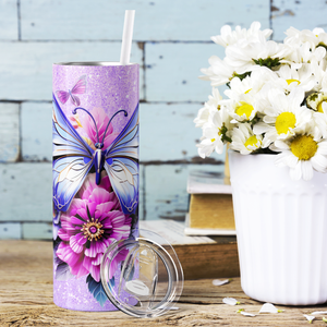 Purple Butterfly with Flowers 20oz Skinny Tumbler