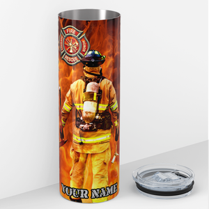 Personalized Split American Flag with Firefighter 20oz Skinny Tumbler